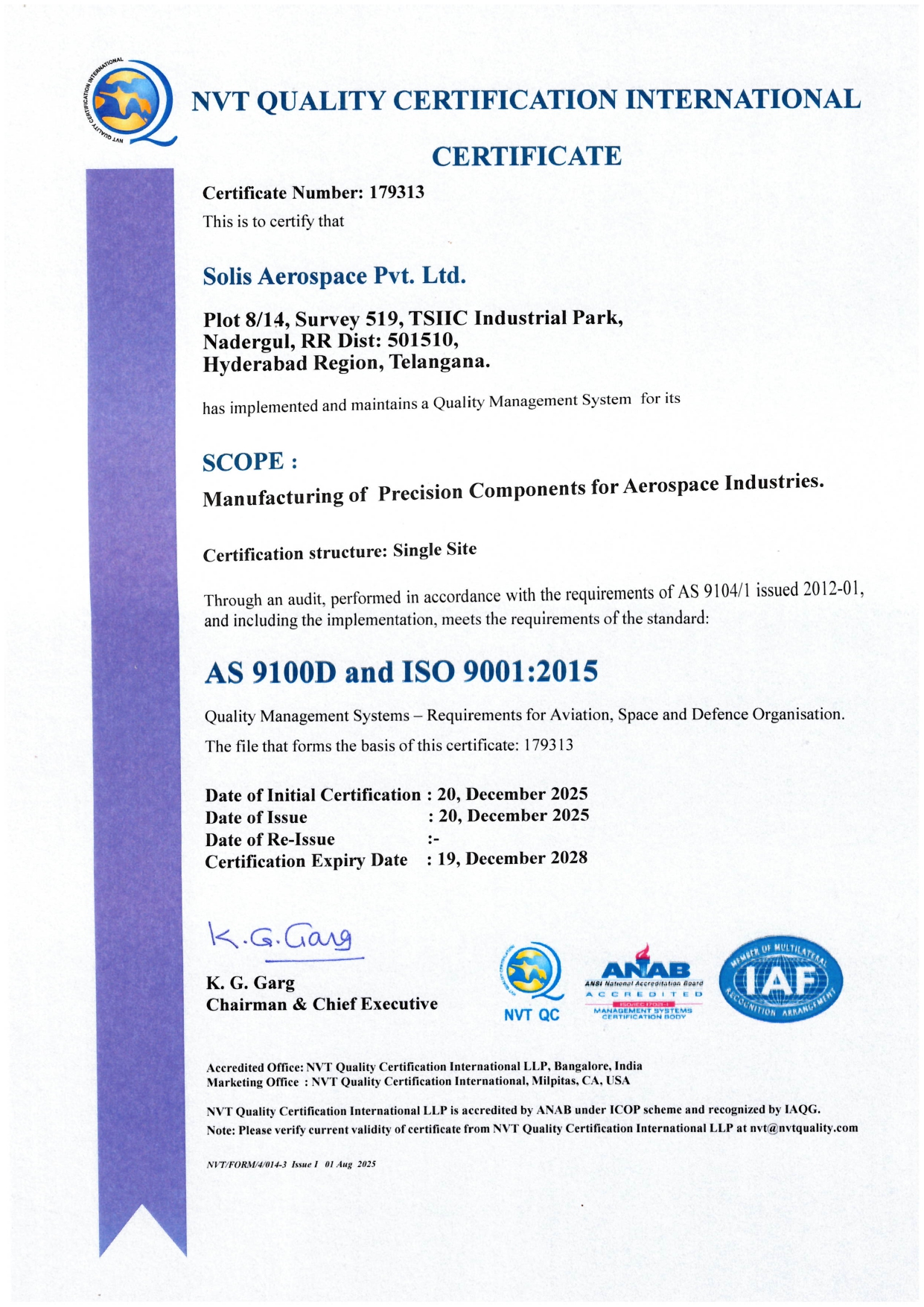 Solis Aerospace QMS Certificate
